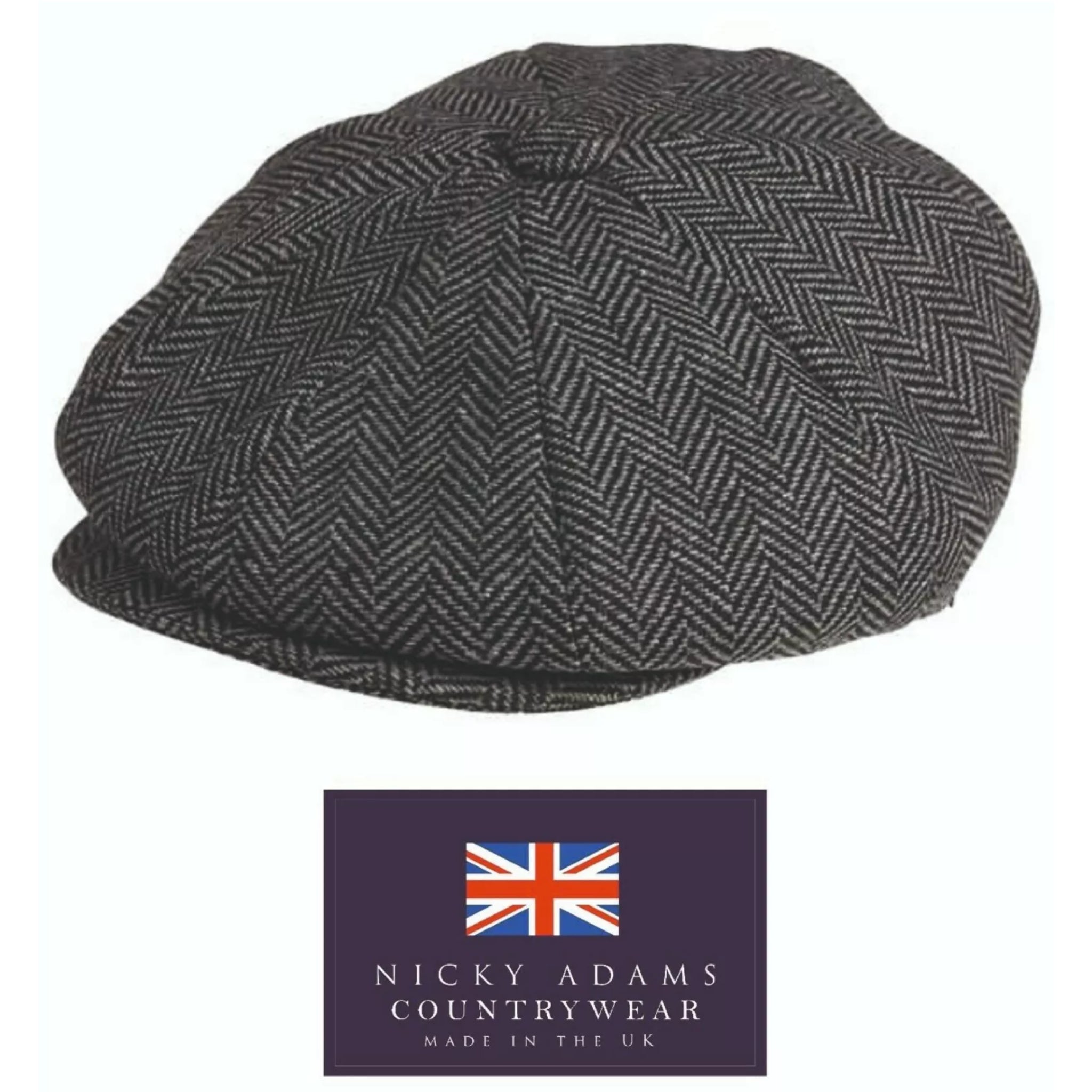 Nicky Adams herringbone baker boy cap Peaky Blinders style flat newsboy hat made in UK